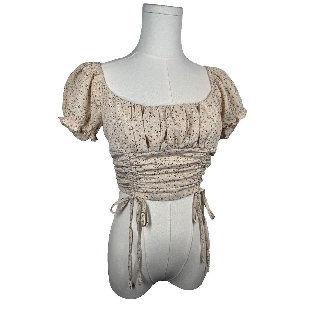 Nectar Clothing Made For Love Woman's Small Crop Top Beige Floral Puff Sleeve